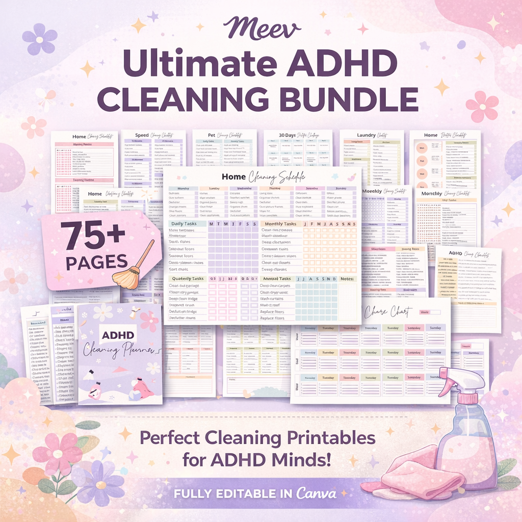 ADHD Cleaning Checklist Bundle – 75+ Printable Canva Templates
