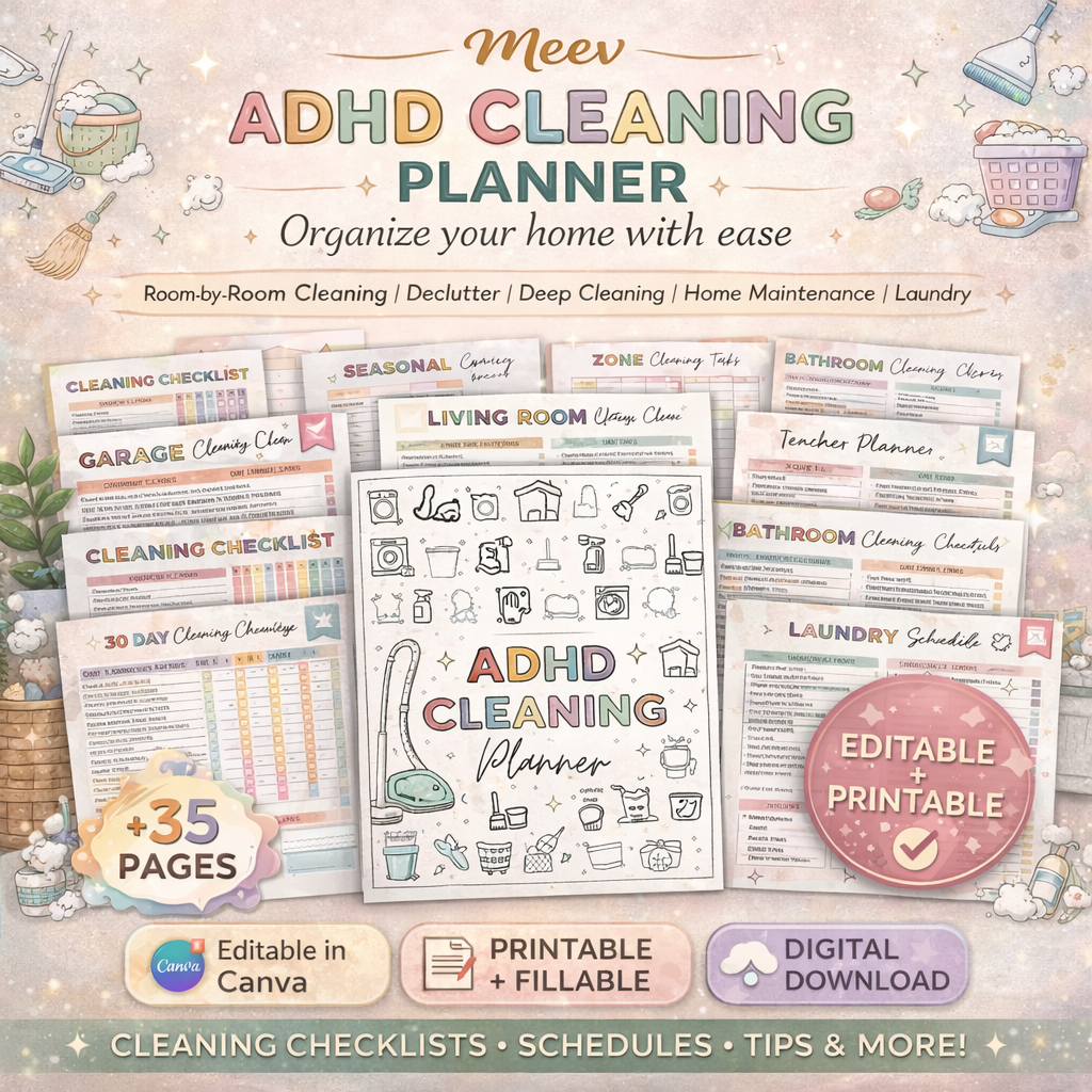 ADHD Cleaning Planner Printable & Canva Editable Home Organizer