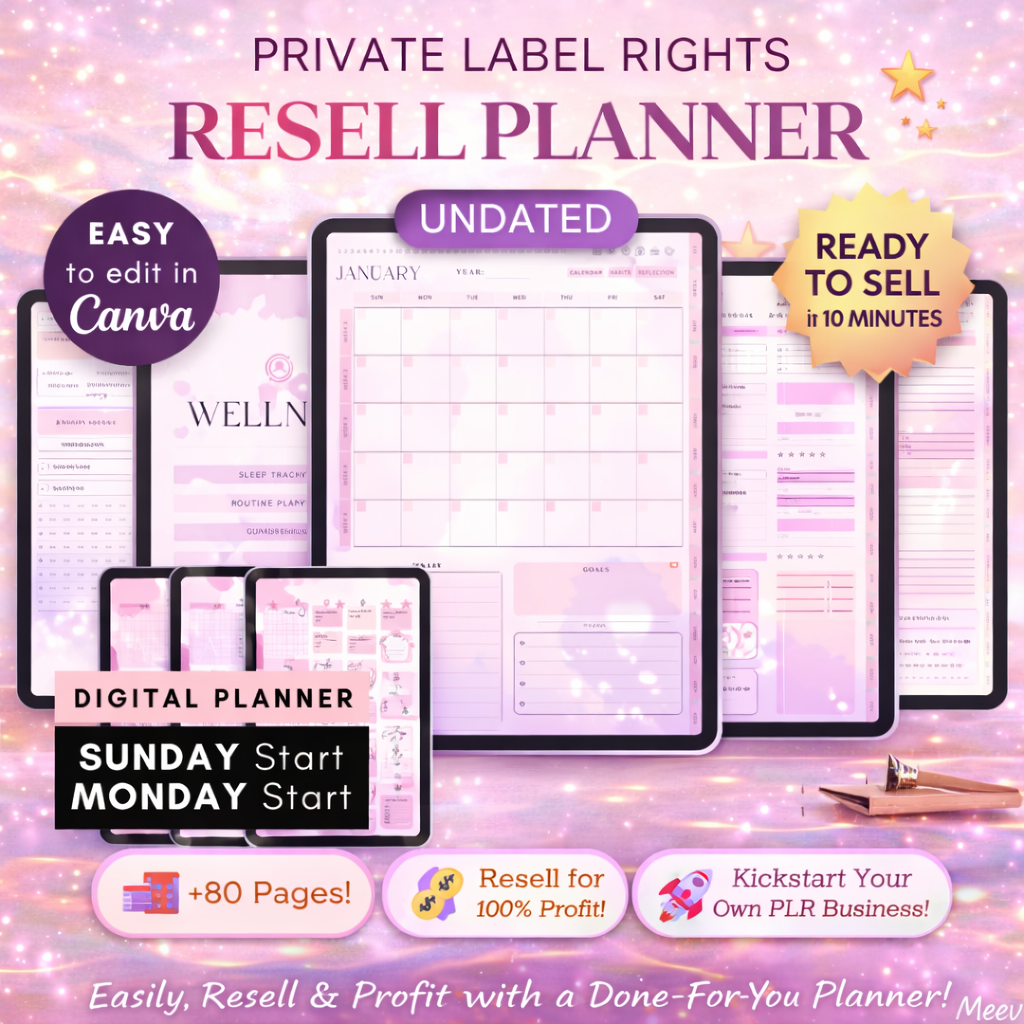 Aesthetic Pink PLR Digital Planner Canva Template Bundle (80+ Pages)