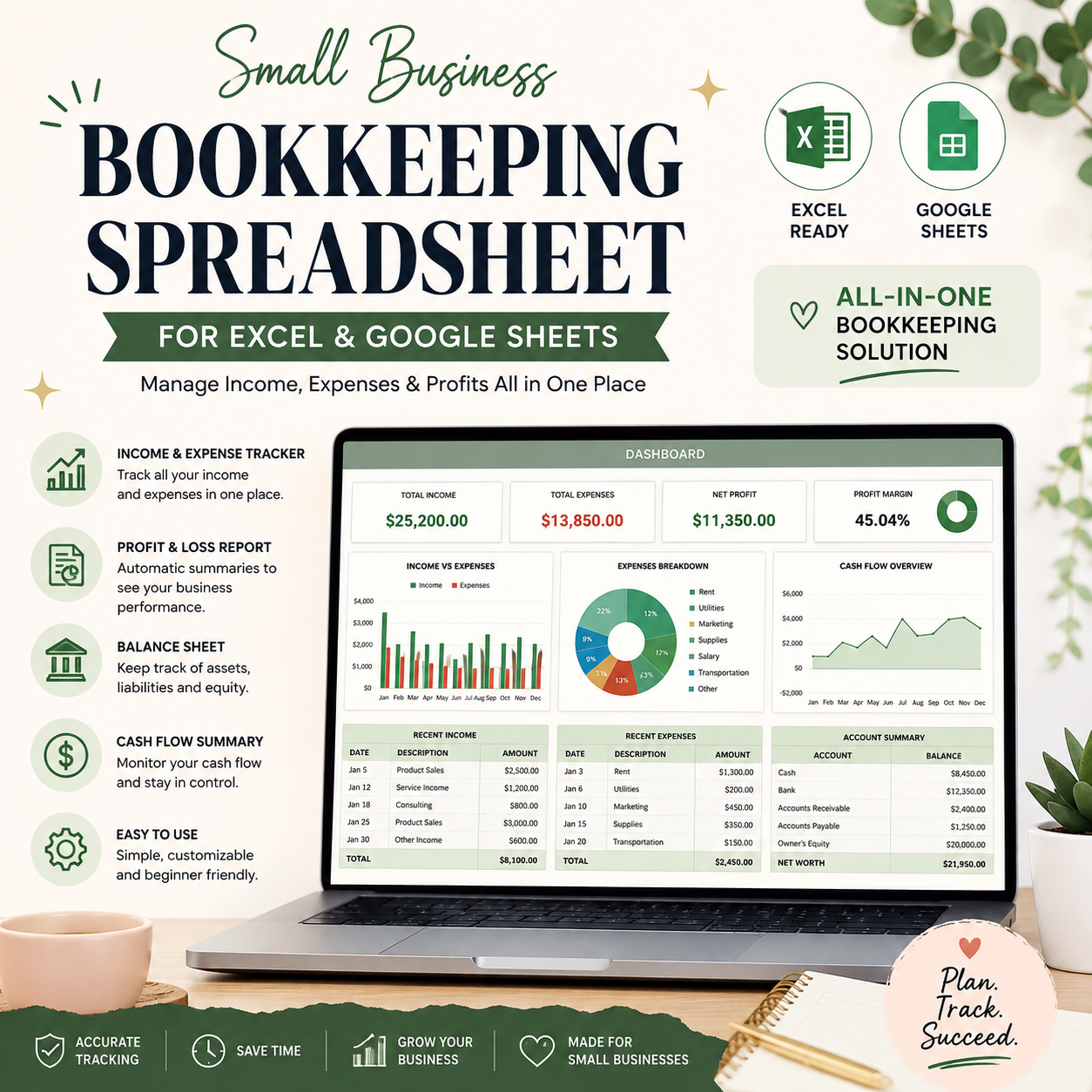 Small Business Bookkeeping Spreadsheet for Excel & Google Sheets