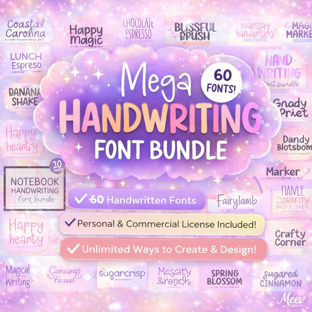60 Handwriting Fonts Bundle for Digital Notes & Planners