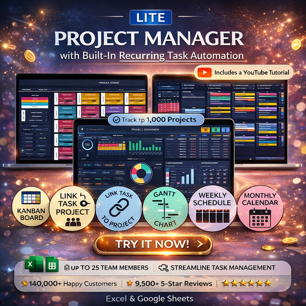 Project Manager LITE Spreadsheet for Google Sheets & Excel – Project Tracker, Task Manager, Gantt Chart & Kanban Board Template