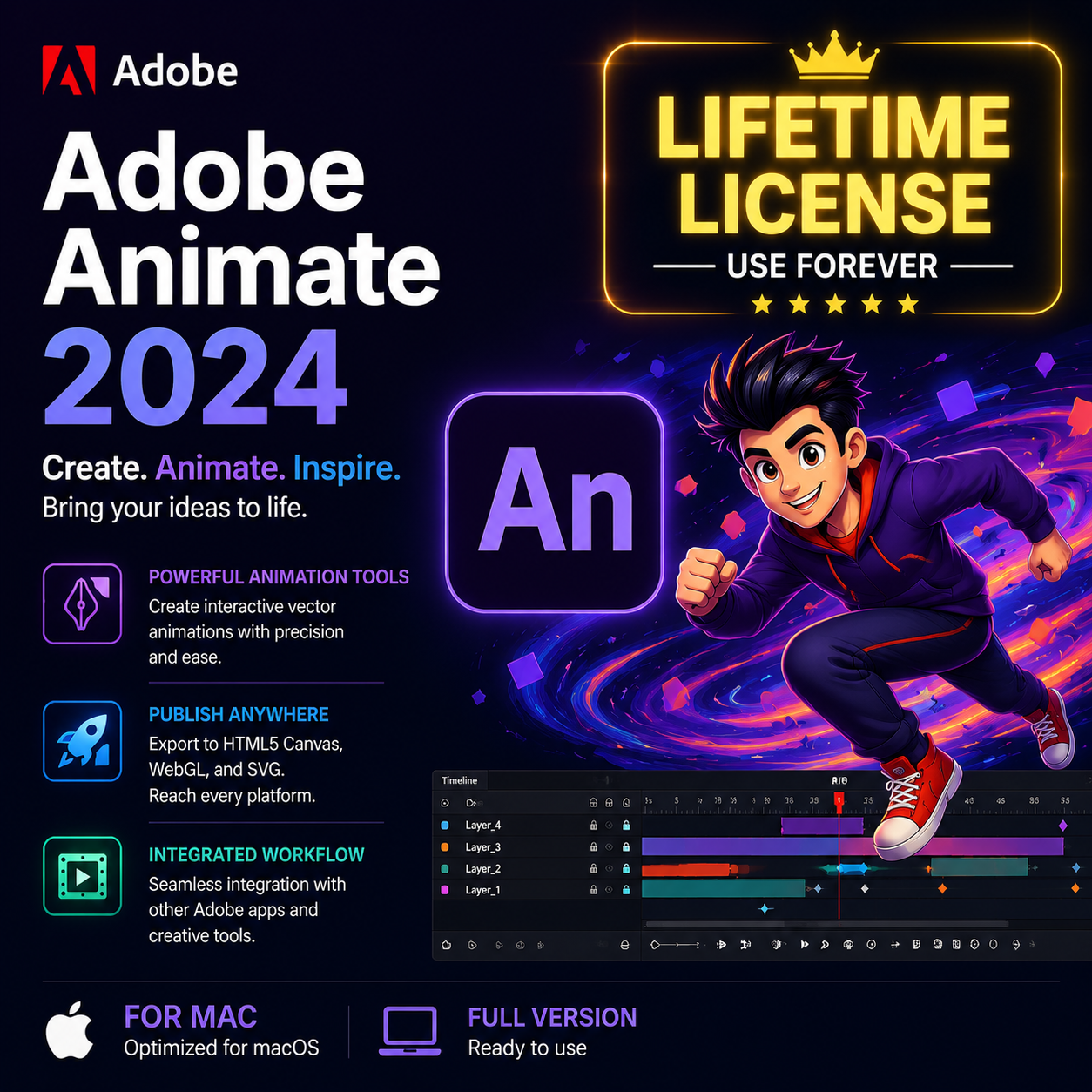 Adobe Animate 2024 Lifetime License for Mac (Multiple Devices)