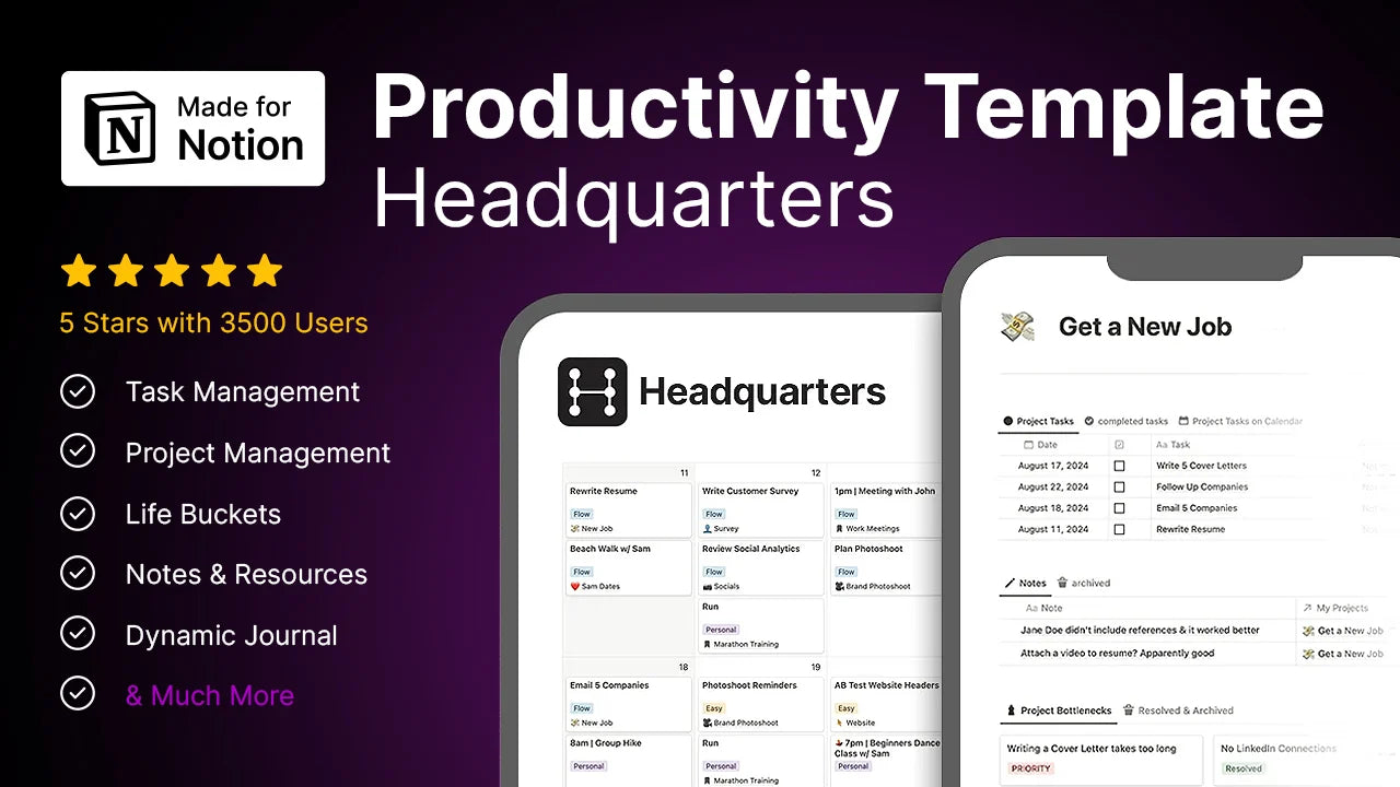 Headquarters Notion Productivity Template – All-In-One Second Brain Dashboard | Tasks, Projects, Time Tracking & Journaling System