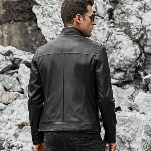 Men's Real Black Leather Jacket with Short Standing Collar