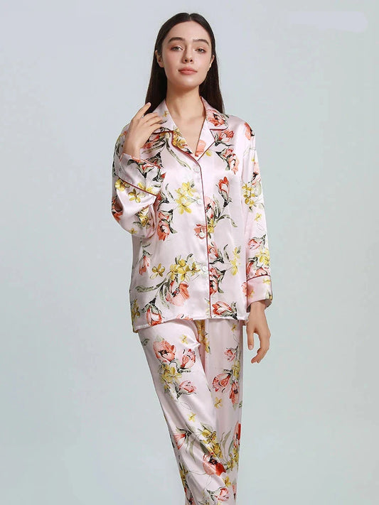 100% Real Silk Women's Pajama Set | Printed Long-Sleeve Summer Home Suit