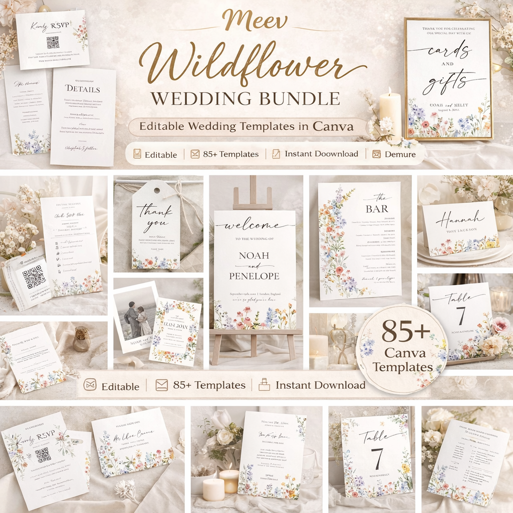 Wildflower Wedding Canva Template Bundle – 85+ Editable Invitations & Signs