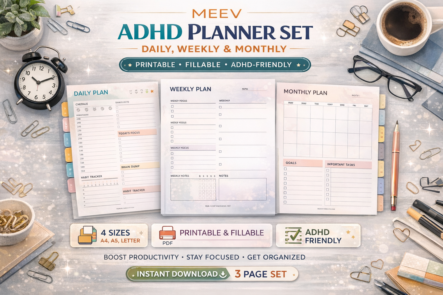 ADHD Printable Planner Set – Daily Weekly Goal Planner PDF | A4 A5 Letter Half Letter & Fillable ADHD Productivity Planner | Instant Download