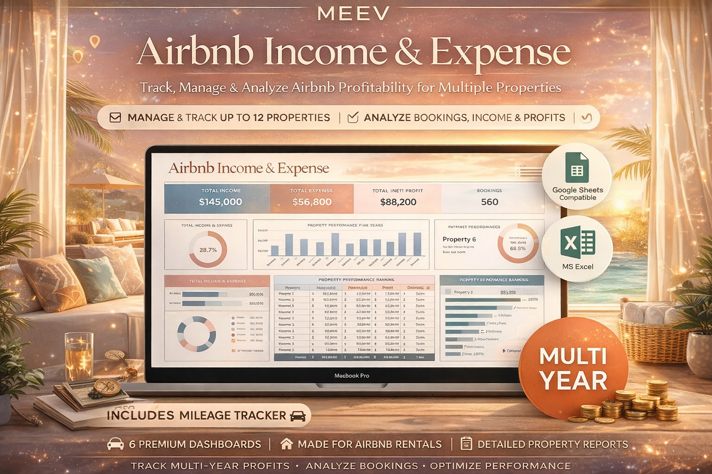 Airbnb Income & Expense Tracker Spreadsheet – Airbnb Management Template for Vacation Rental Bookkeeping (Google Sheets & Excel)
