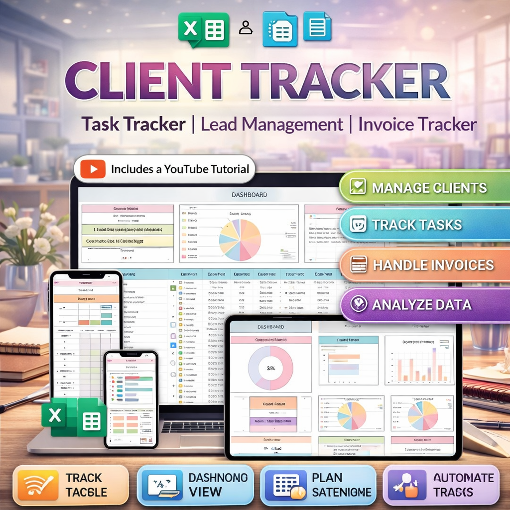 Client Tracker Spreadsheet for Small Business – CRM Dashboard, Lead Management & Invoice Tracker (Google Sheets & Excel)