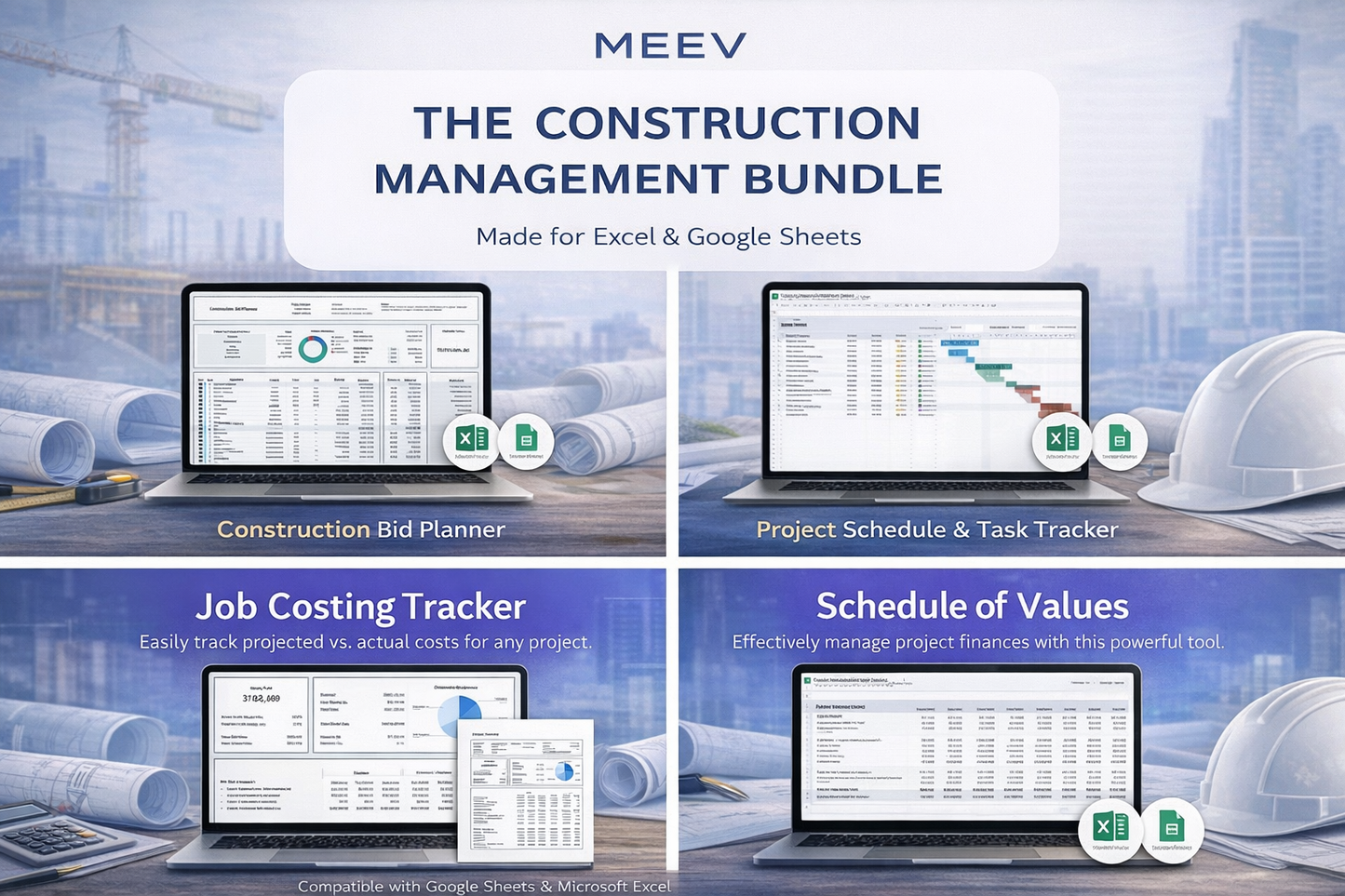 Construction Template Bundle – 4-in-1 Excel & Google Sheets Project Management, Job Costing & SOV Toolkit for Contractors