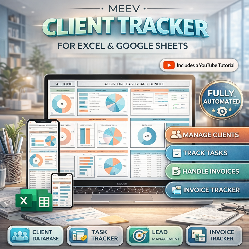 Client Tracker Spreadsheet for Small Business – CRM Dashboard with Lead Management, Task Tracker & Invoice Tracker (Google Sheets & Excel)