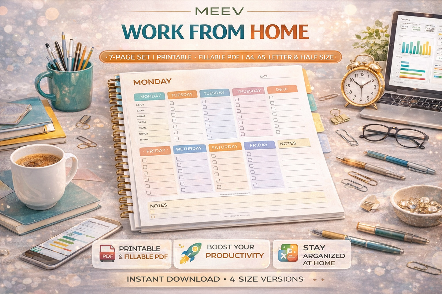 Printable Daily Planner PDF – A4 A5 Letter Half Letter Fillable Planner | Productivity Planner Printable | Instant Download Daily Planner