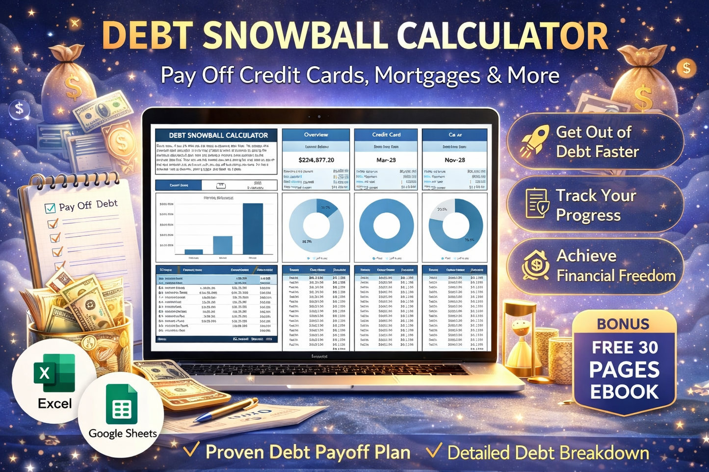 Debt Snowball Calculator Spreadsheet for Google Sheets & Excel | Debt Tracker & Debt Payoff Planner for Student Loans, Mortgage & Credit Cards