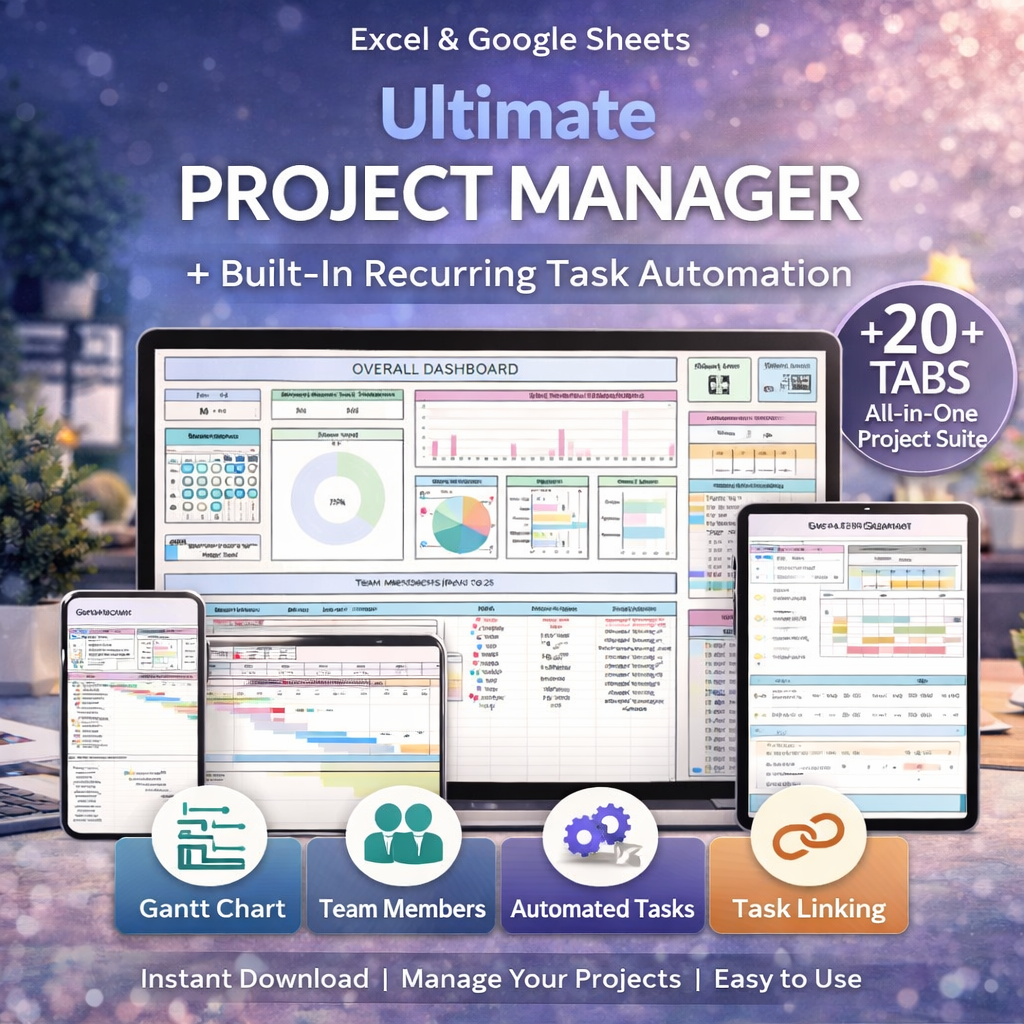 Ultimate Project Manager Spreadsheet for Google Sheets & Excel – All-in-One Task Manager with Gantt Chart, Kanban Board & Recurring Tasks