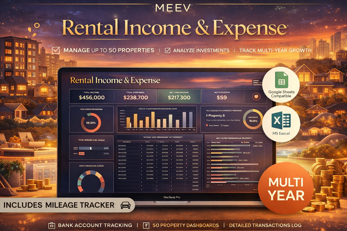 Rental Property Spreadsheet Template for Landlords – Rental Income & Expense Tracker with 5-Year Dashboard (Google Sheets & Excel)