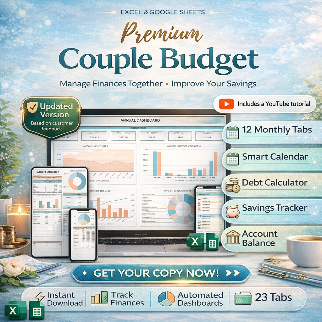 Premium Family & Couple Budget Spreadsheet for Excel & Google Sheets – Annual, Monthly & Biweekly Budget Planner with Debt Tracker, Net Worth, Sinking Funds & Investment Forecast