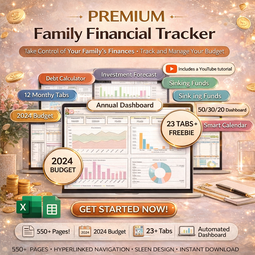 Premium Family Financial Planner for Excel & Google Sheets – Ultimate Budget Spreadsheet, Debt Tracker, Net Worth & Investment Dashboard