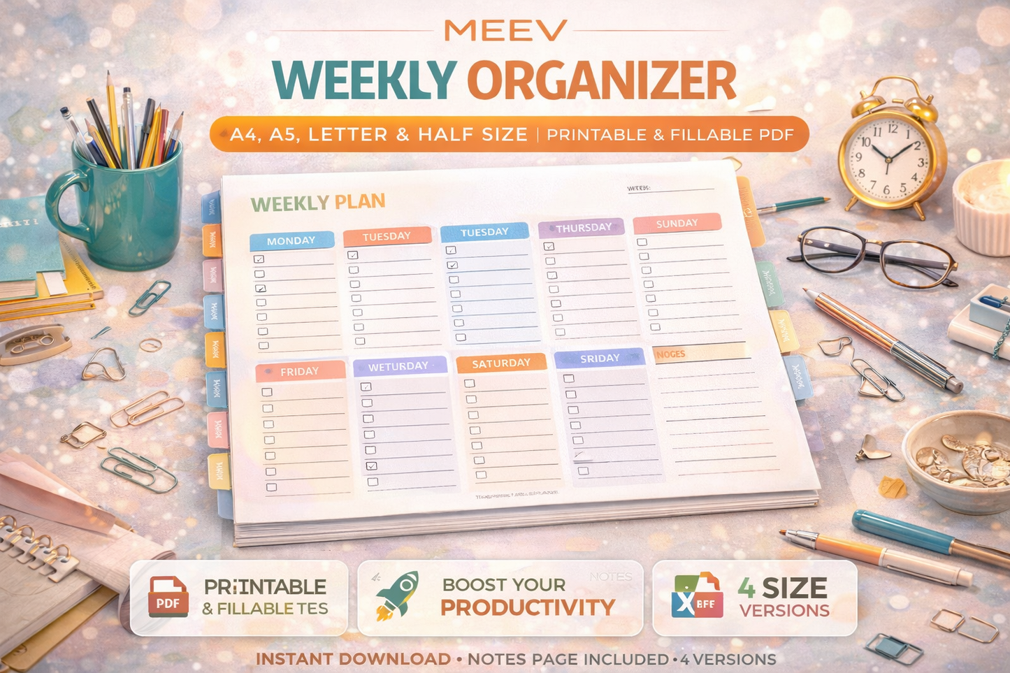 Printable Weekly Organizer Planner | Minimal Weekly Planning Template | Printable & Fillable PDF for GoodNotes, Notability & Digital Planning (A4, A5, Letter)