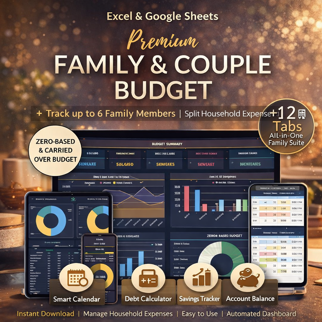 Premium Annual Family Budget Spreadsheet for Google Sheets & Excel – Ultimate Household Budget Planner, Debt Tracker & Net Worth Calculator