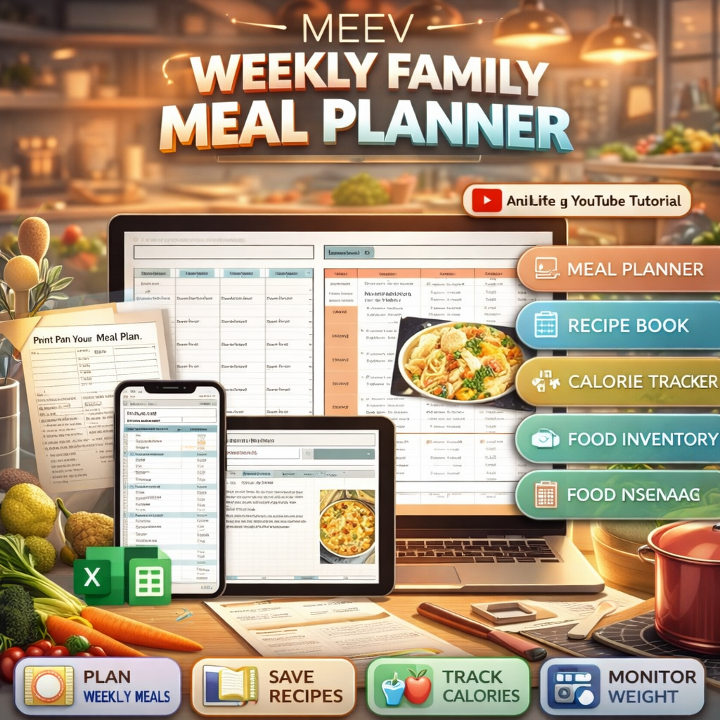 Weekly Meal Planner Spreadsheet for Google Sheets & Excel – Recipe Book, Calorie & Macro Tracker, Automatic Grocery List & Weight Loss Tracker