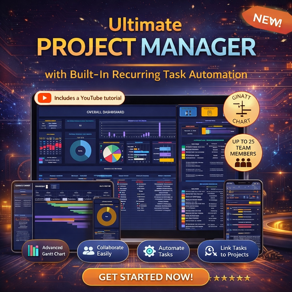 Ultimate Project Manager Spreadsheet for Google Sheets & Excel – Task Manager with Gantt Chart, Kanban Board & Budget Tracker