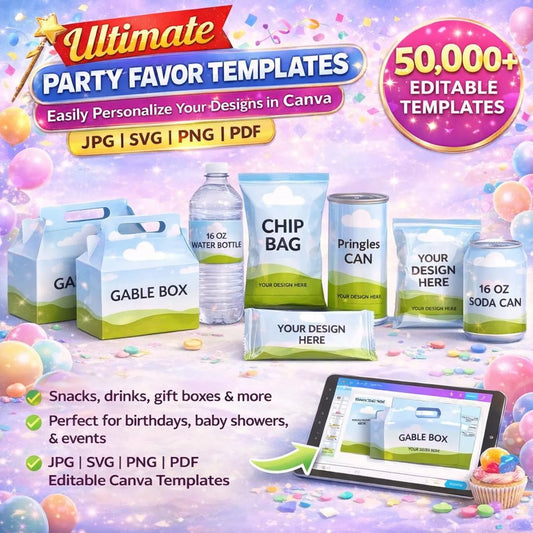 50,000+ Party Favor Templates Bundle – Editable Canva Birthday Decorations, Chip Bags, Water Bottle Labels & DIY Party Kit (Instant Download)