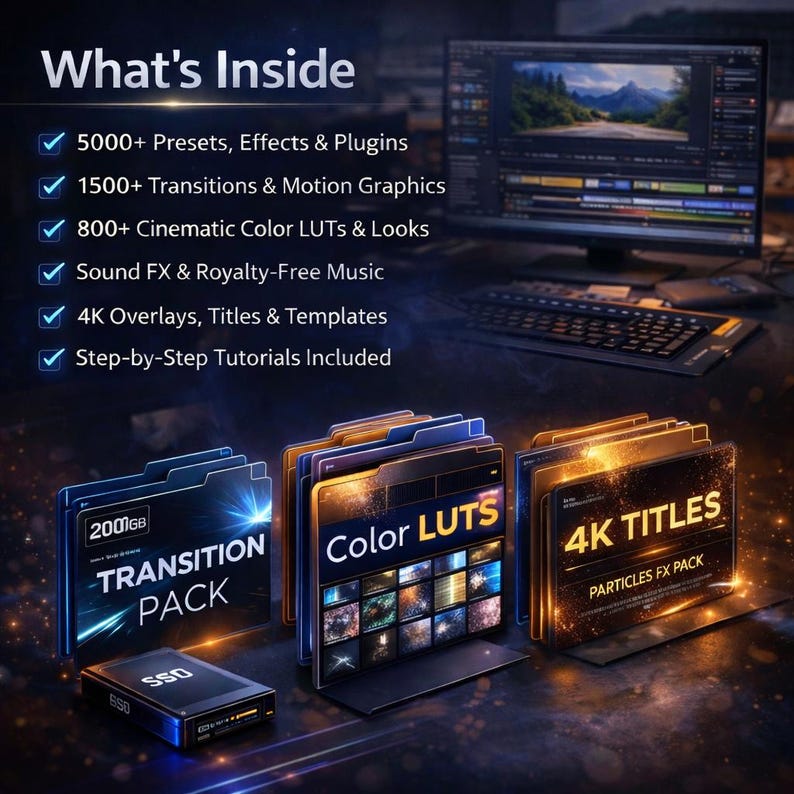200GB+ All-in-One Video Editing Pack Bundle – Transitions, LUTs, Overlays, SFX & Motion Graphics for YouTube, Reels & Cinematic Content
