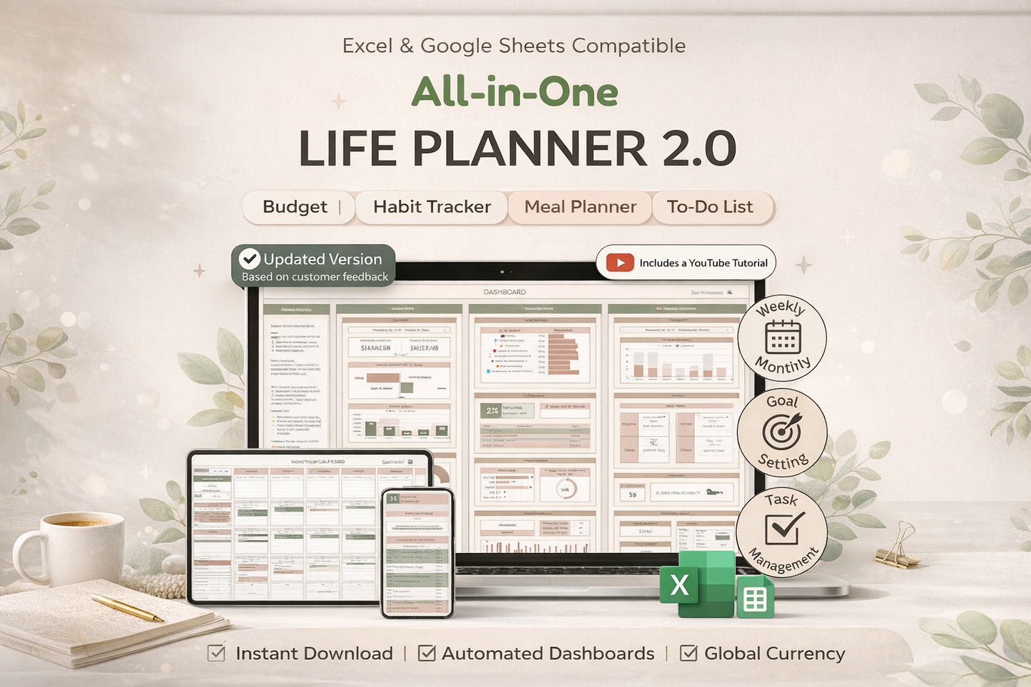 Ultimate Life Planner Google Sheets & Excel Template (2026–2027) – All-in-One Digital Organizer, Budget, Goal & Habit Tracker