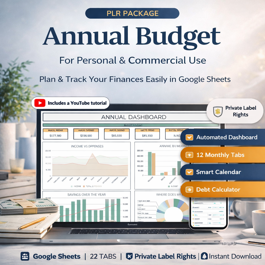PLR Ultimate 50/30/20 Budget Spreadsheet for Google Sheets – Master Resell Rights Budget Planner with 22 Tabs, Annual Dashboard & Commercial Use