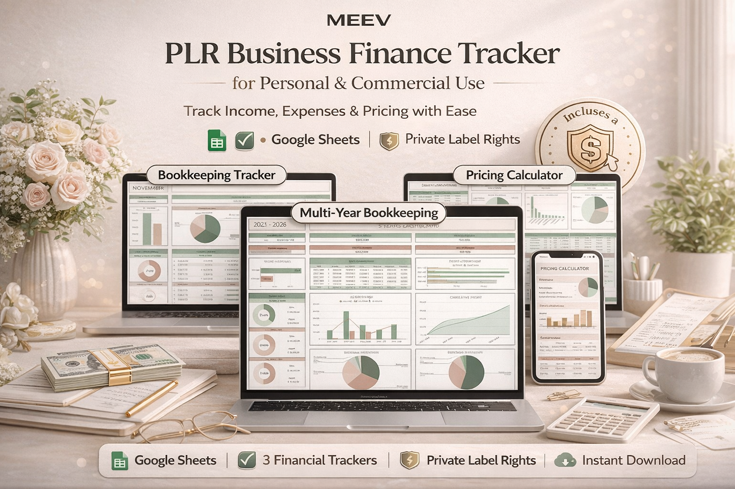 PLR Bookkeeping Spreadsheet Bundle for Google Sheets – Business Finance Tracker, Pricing Calculator & Commercial Use Templates
