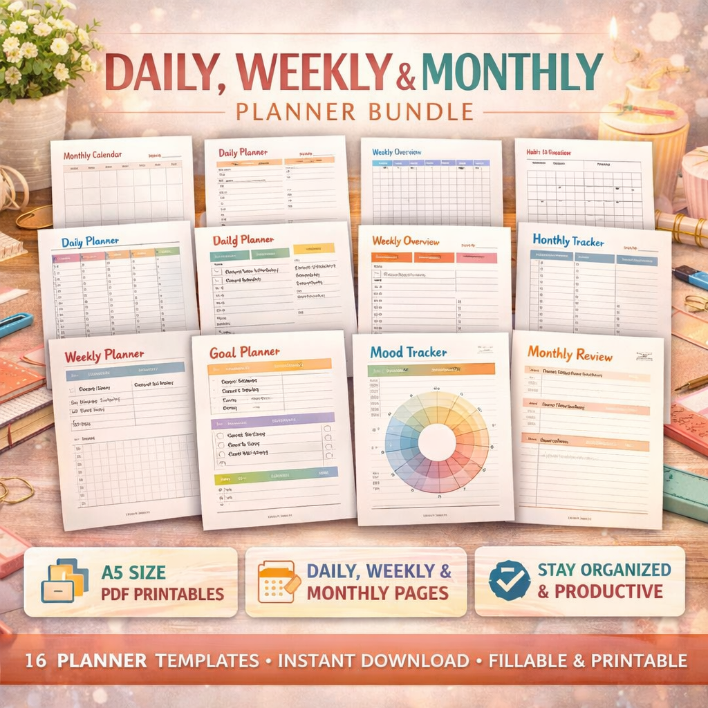 Minimalist A5 Planner Inserts Printable Bundle – Monthly, Weekly & Daily Planner Pages | Instant Download PDF