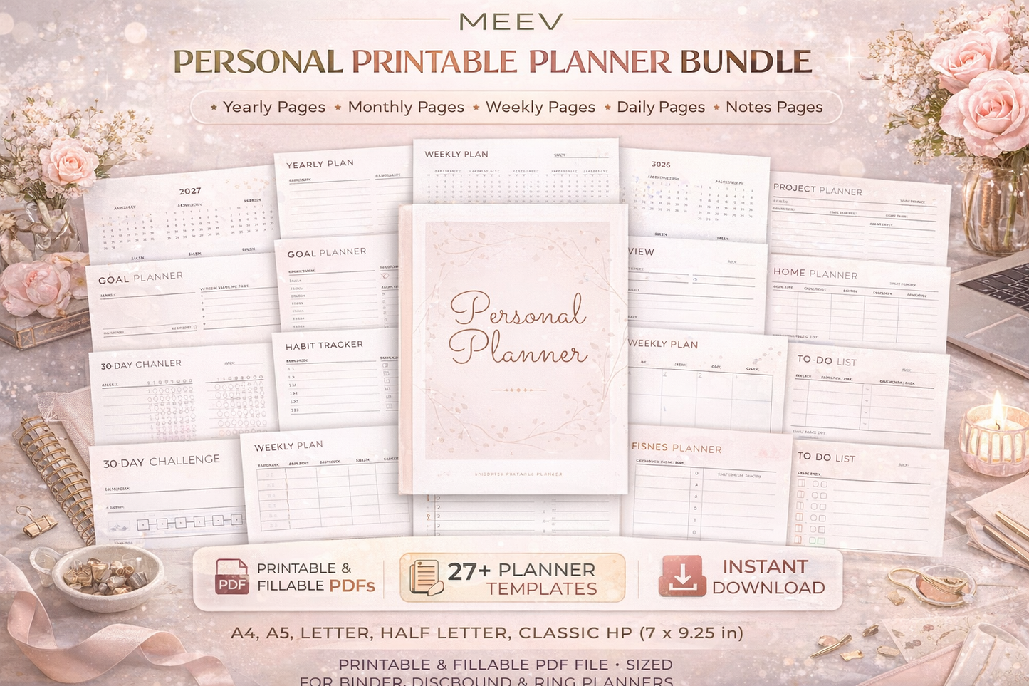 Minimalist Personal Planner Bundle Printable & Digital – A4 A5 Letter Half Letter Happy Planner | Fillable PDF Planner for iPad, Tablet & PC