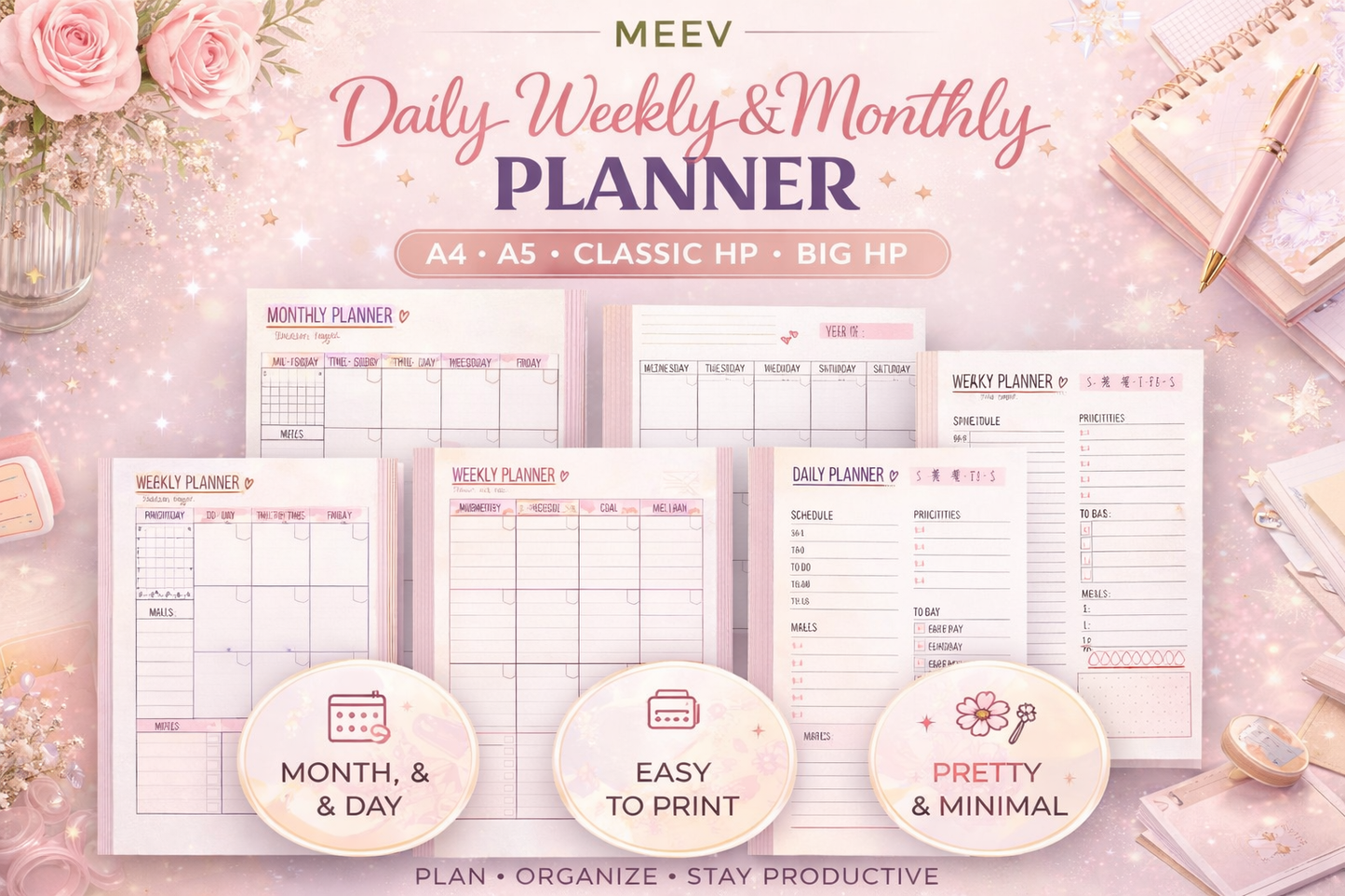 Printable Daily Weekly Monthly Planner PDF | A4 A5 US Letter | Sunday & Monday Start | Minimalist Digital Planner | Instant Download Productivity Planner