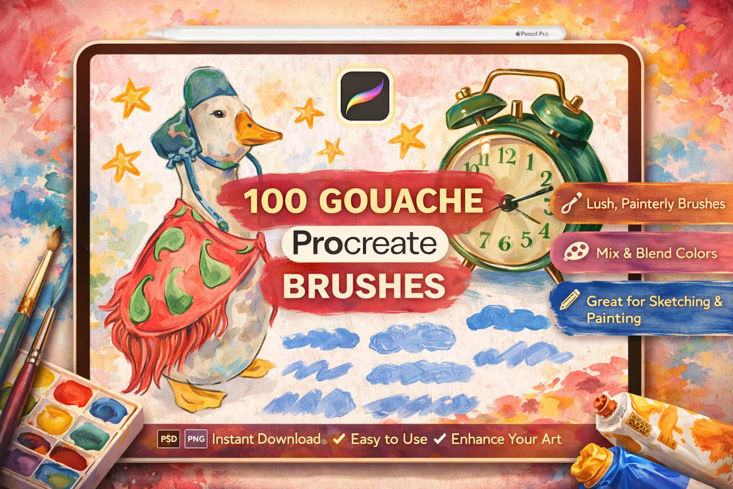 100 Realistic Gouache Brushes for Procreate – Matte Paint Texture & Opaque Illustration Brushset for iPad Artists