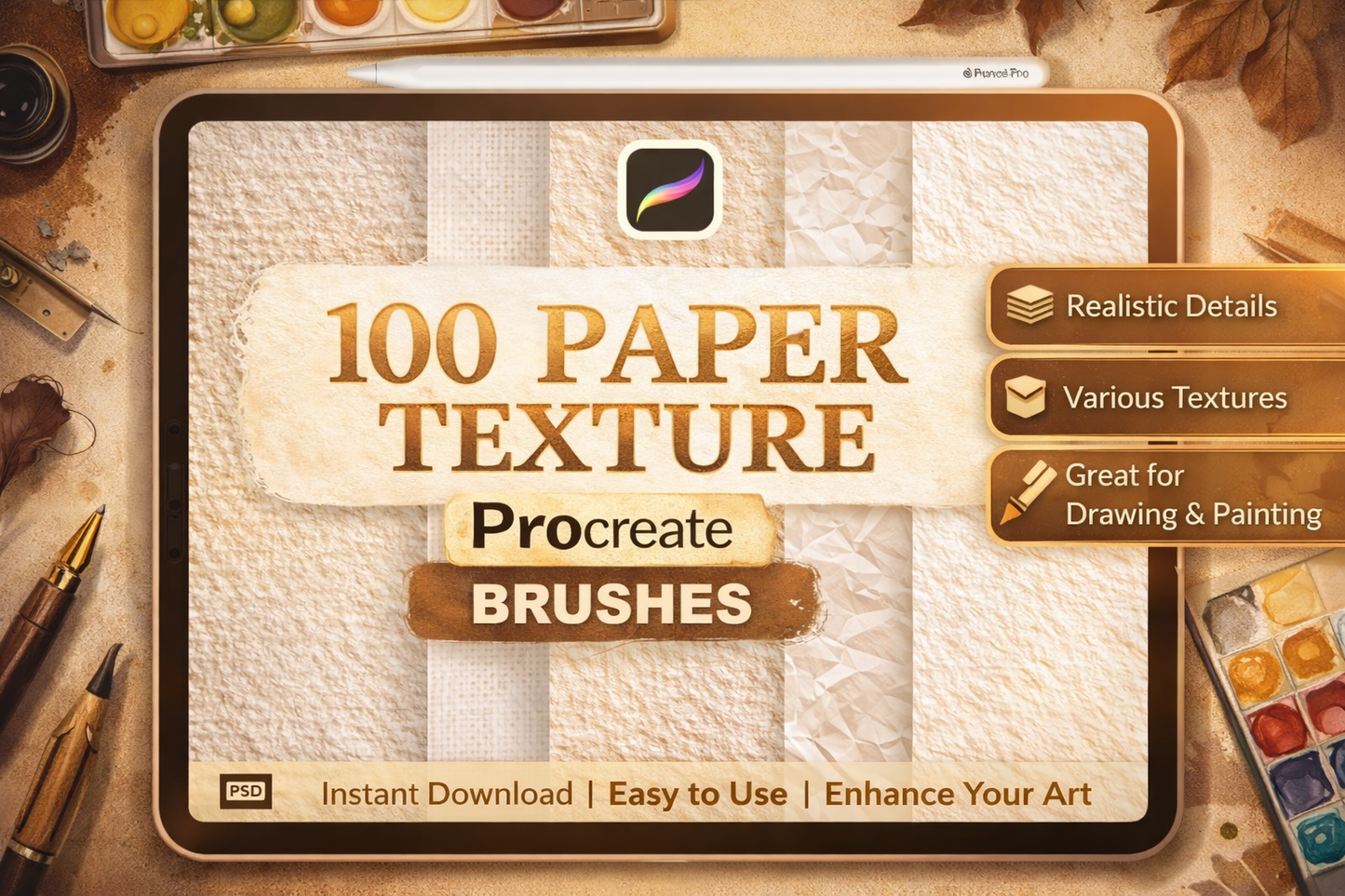 Procreate Paper Texture Brush Set – 100 Realistic Grain & Handmade Canvas Textures for iPad Illustration
