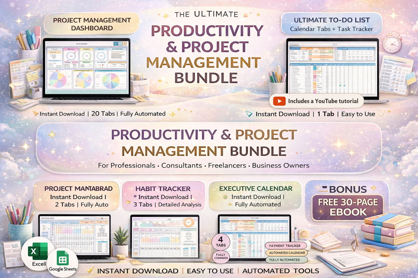Ultimate Productivity & Project Management Bundle for Google Sheets & Excel – Task Tracker, Gantt Chart, Habit Tracker & Smart Bill Calendar