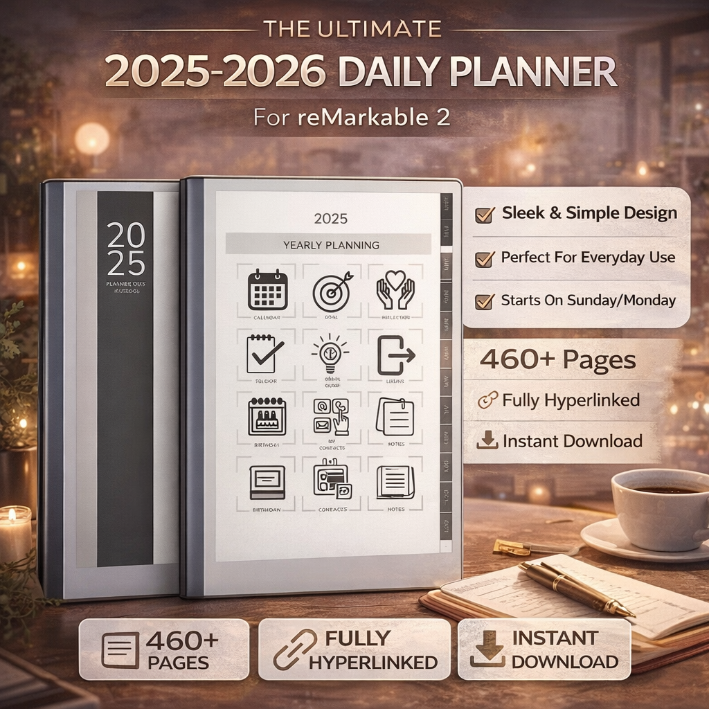 Ultimate 2025–2026 Daily Planner for reMarkable 2 – Hyperlinked Digital Minimalist Planner with Yearly, Monthly, Weekly & Daily Layouts