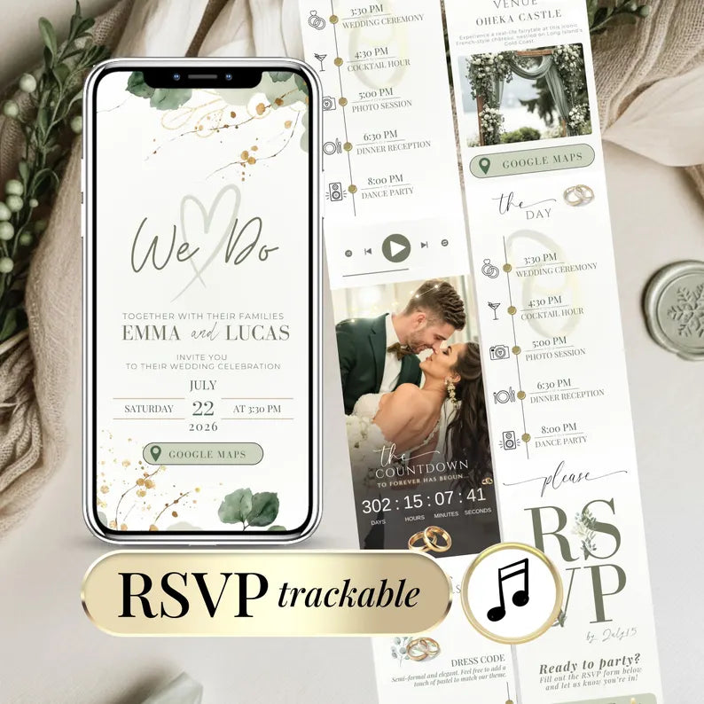 Sage green digital wedding invitation with RSVP