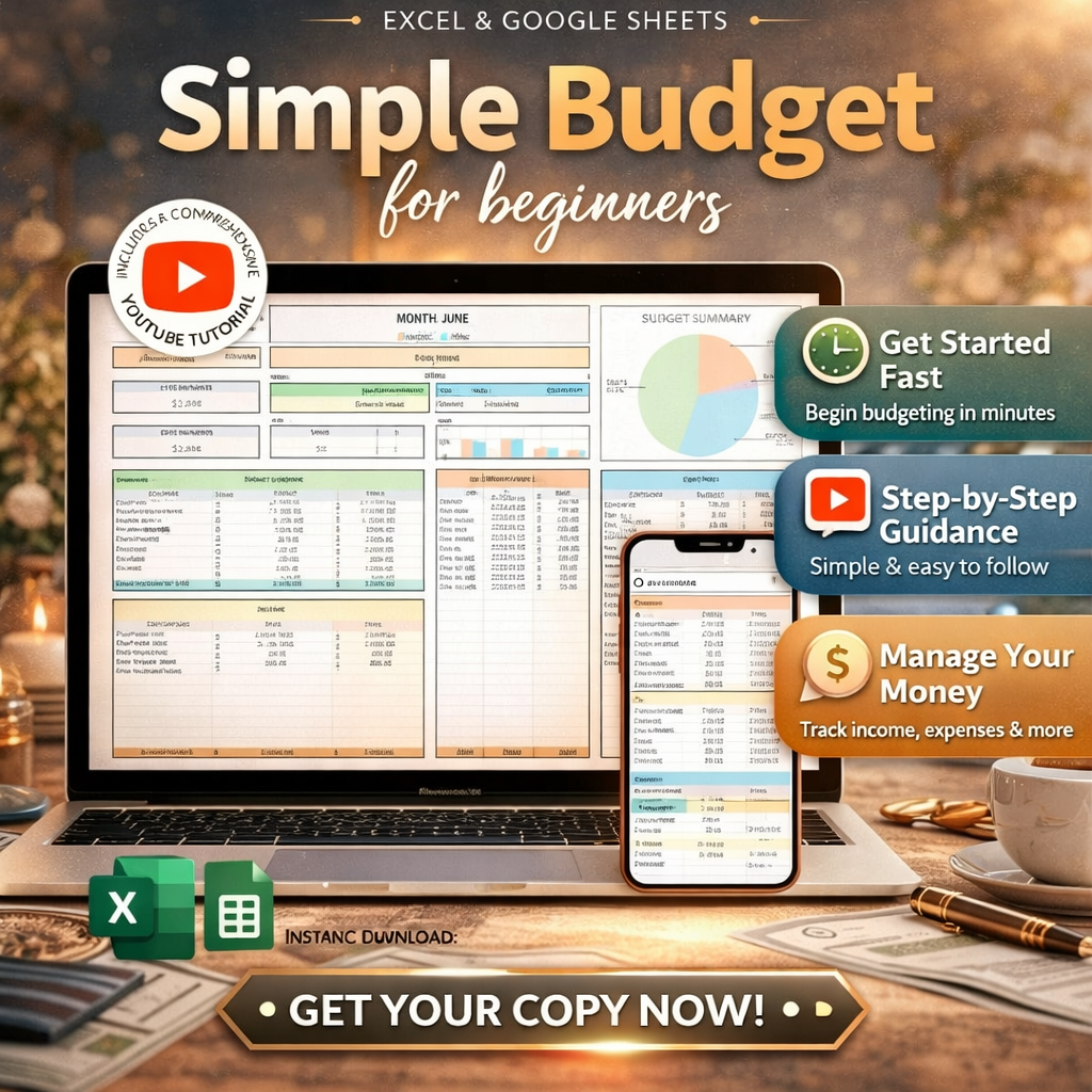 Simple Budget Planner Spreadsheet for Google Sheets & Excel – Monthly & Weekly Paycheck Budget Template, Biweekly Budgeting & Expense Tracker