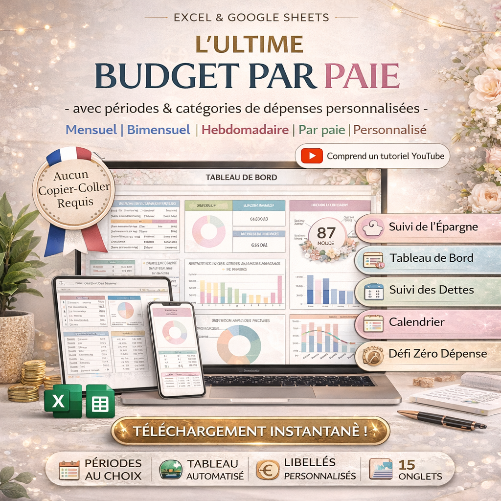 Ultimate Paycheck Budget Spreadsheet – Google Sheets & Excel Budget Planner with Debt Tracker, Savings Dashboard & 50/30/20 Calculator (French Version)