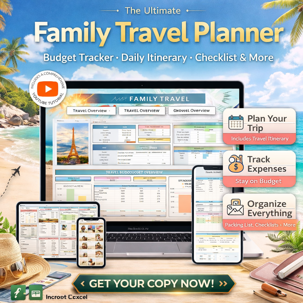 Family Travel Planner Google Sheets & Excel Template – Vacation Budget Spreadsheet, Travel Itinerary Organizer & Packing List