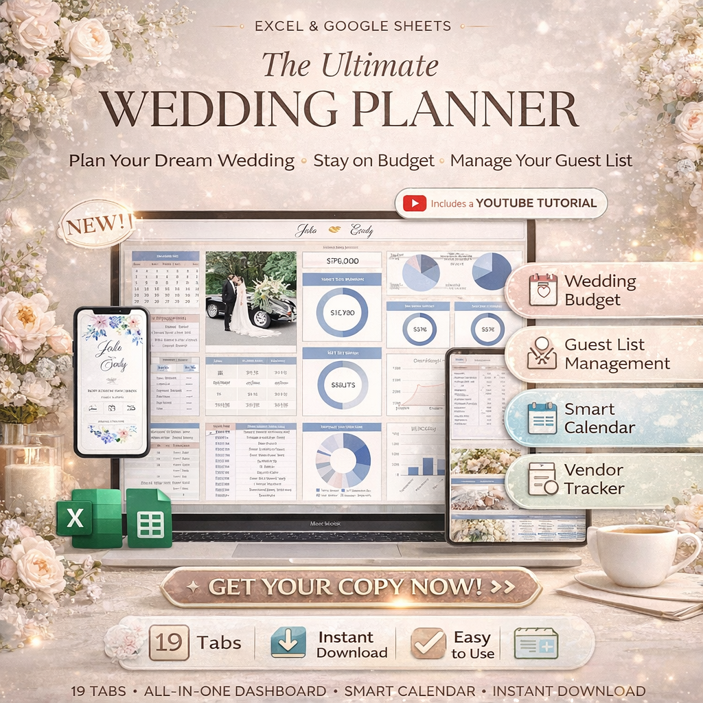 Ultimate Wedding Planner Spreadsheet for Google Sheets & Excel – Wedding Budget, Guest List & Timeline Tracker (Instant Download)