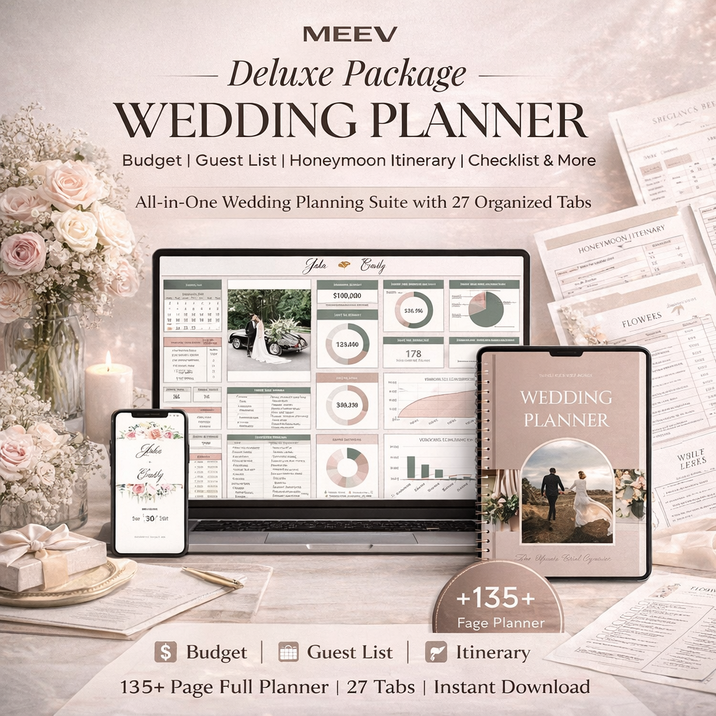 Deluxe Wedding Planner Spreadsheet & Canva Binder – Ultimate Wedding Budget Tracker, Guest List Manager & Honeymoon Planner (Instant Download)