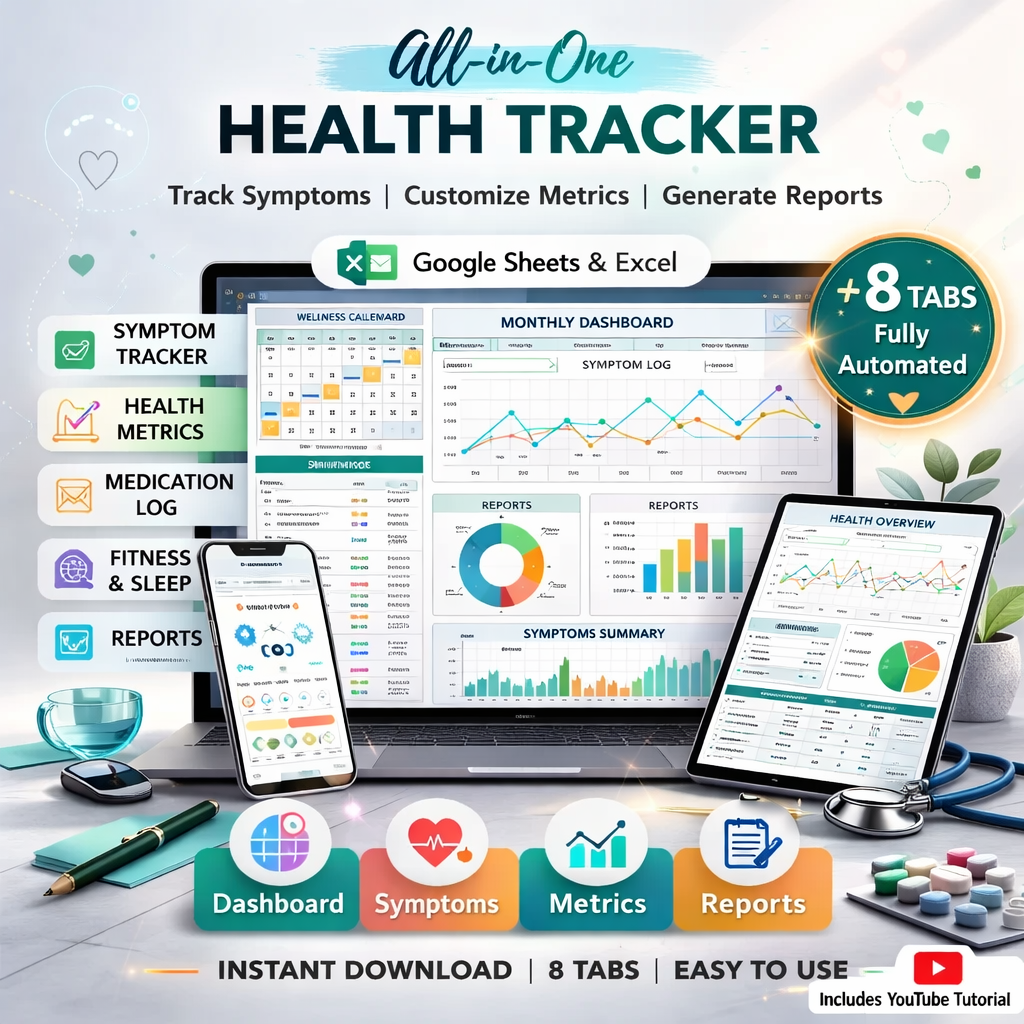 Health Tracker Spreadsheet for Google Sheets & Excel – Wellness, Symptom & Mental Health Log with Automated Dashboards