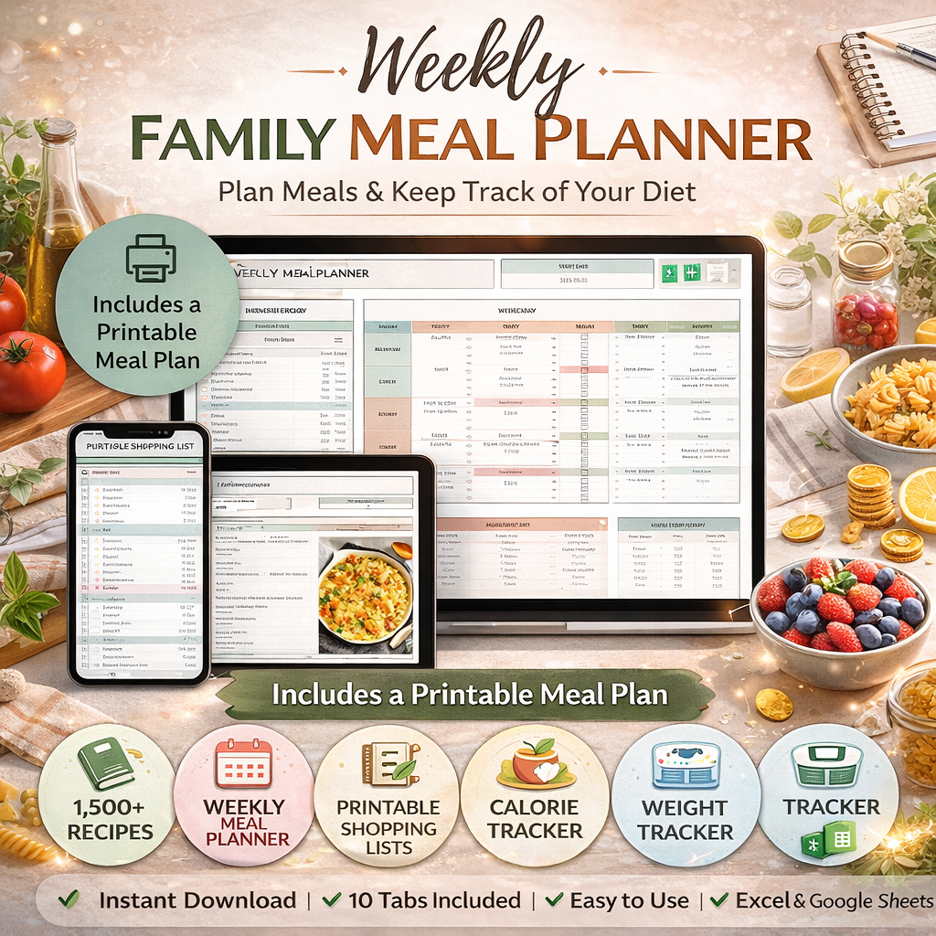 Weekly Meal Planner Spreadsheet for Google Sheets & Excel – Recipe Book, Calorie & Macro Tracker, Automatic Grocery List & Weight Loss Tracker