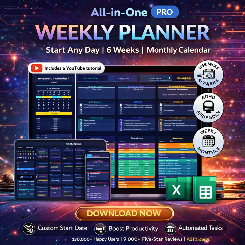 Weekly Planner Pro Spreadsheet – Editable Google Sheets & Excel Weekly Planner, Task Tracker & Goal Setting System