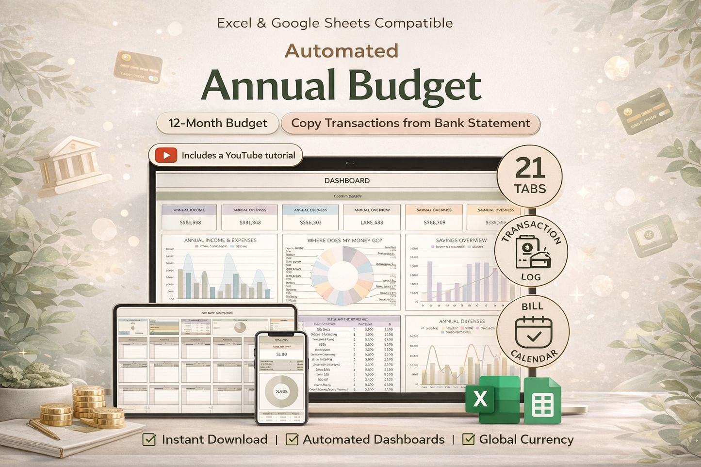 Automated Annual Budget Spreadsheet for Excel & Google Sheets | 12-Month Budget Planner with Dashboard, Debt Tracker & Net Worth Calculator