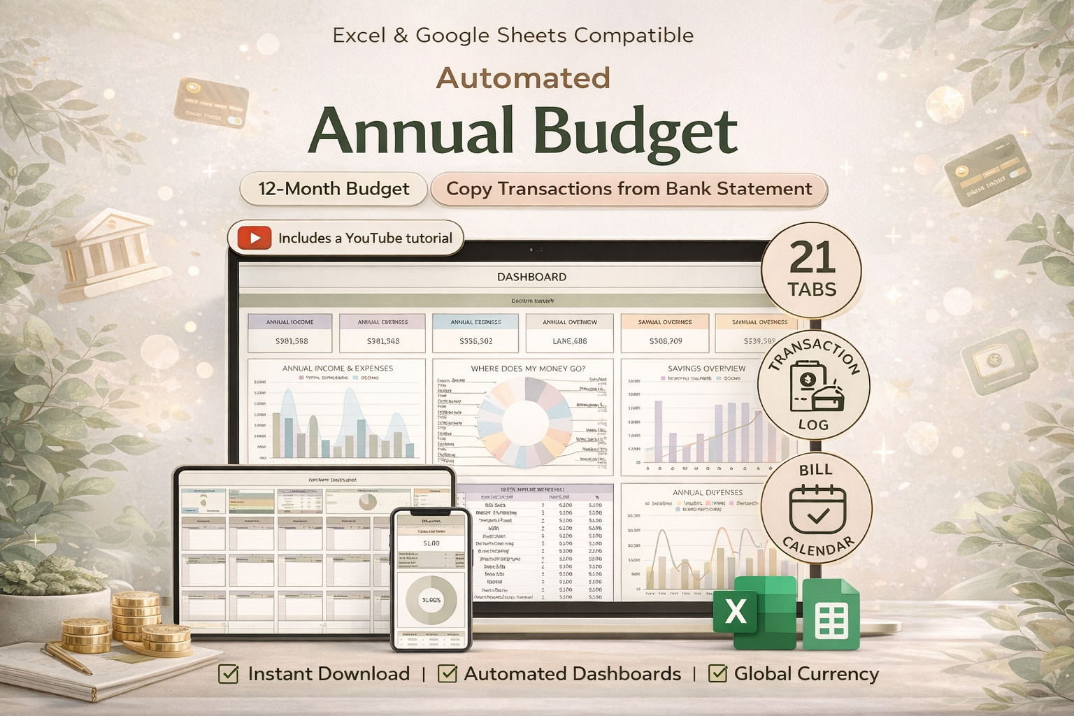 Automated Annual Budget Spreadsheet for Excel & Google Sheets | 12-Month Budget Planner with Dashboard, Debt Tracker & Net Worth Calculator