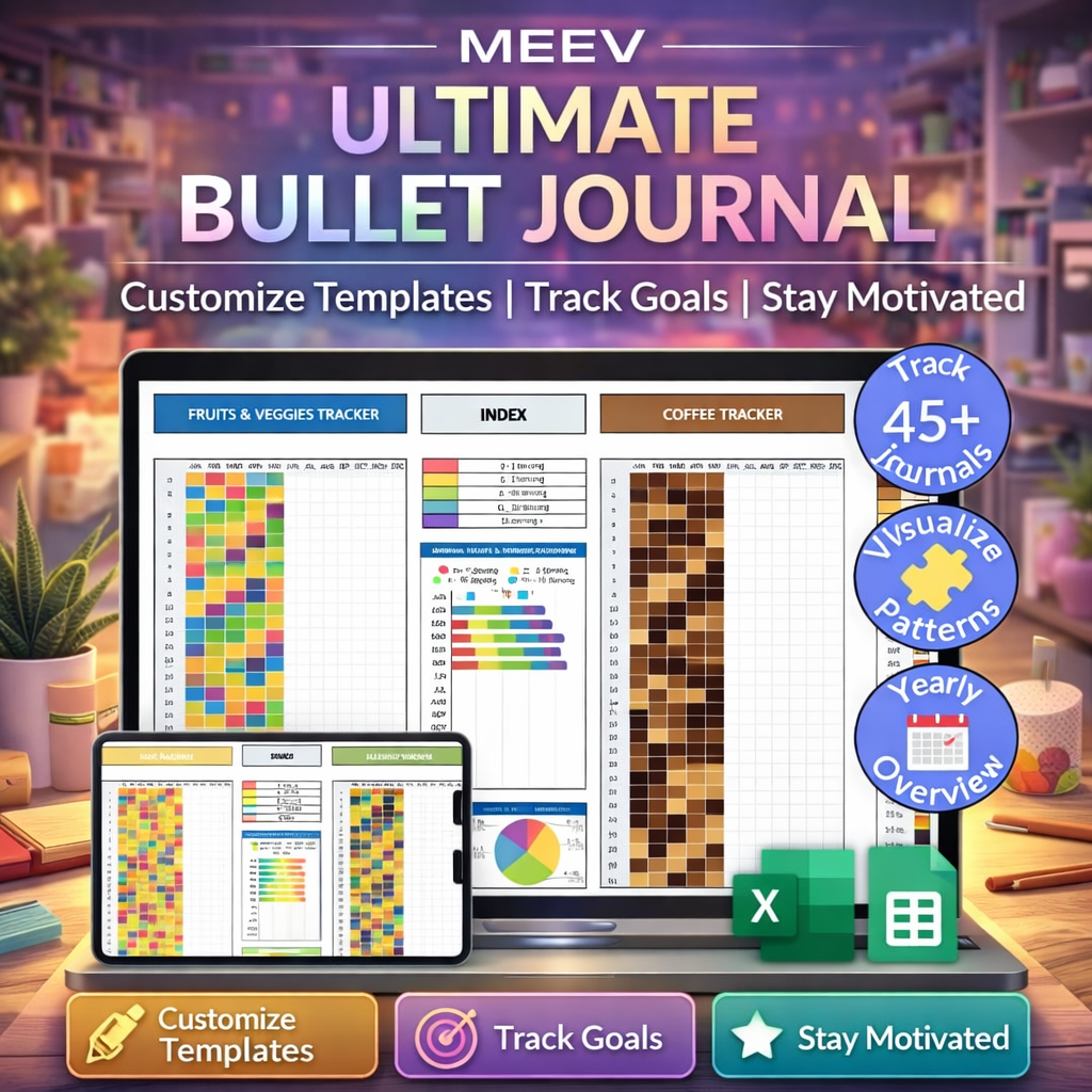 Ultimate Bullet Journal Spreadsheet 2025 – Google Sheets & Excel Digital Planner, Habit Tracker, Budget Spreadsheet & Wellness Log